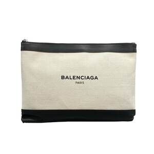 Balenciaga Navy Clip M Clutch Bag 420407 Cream Black Canvas Leather